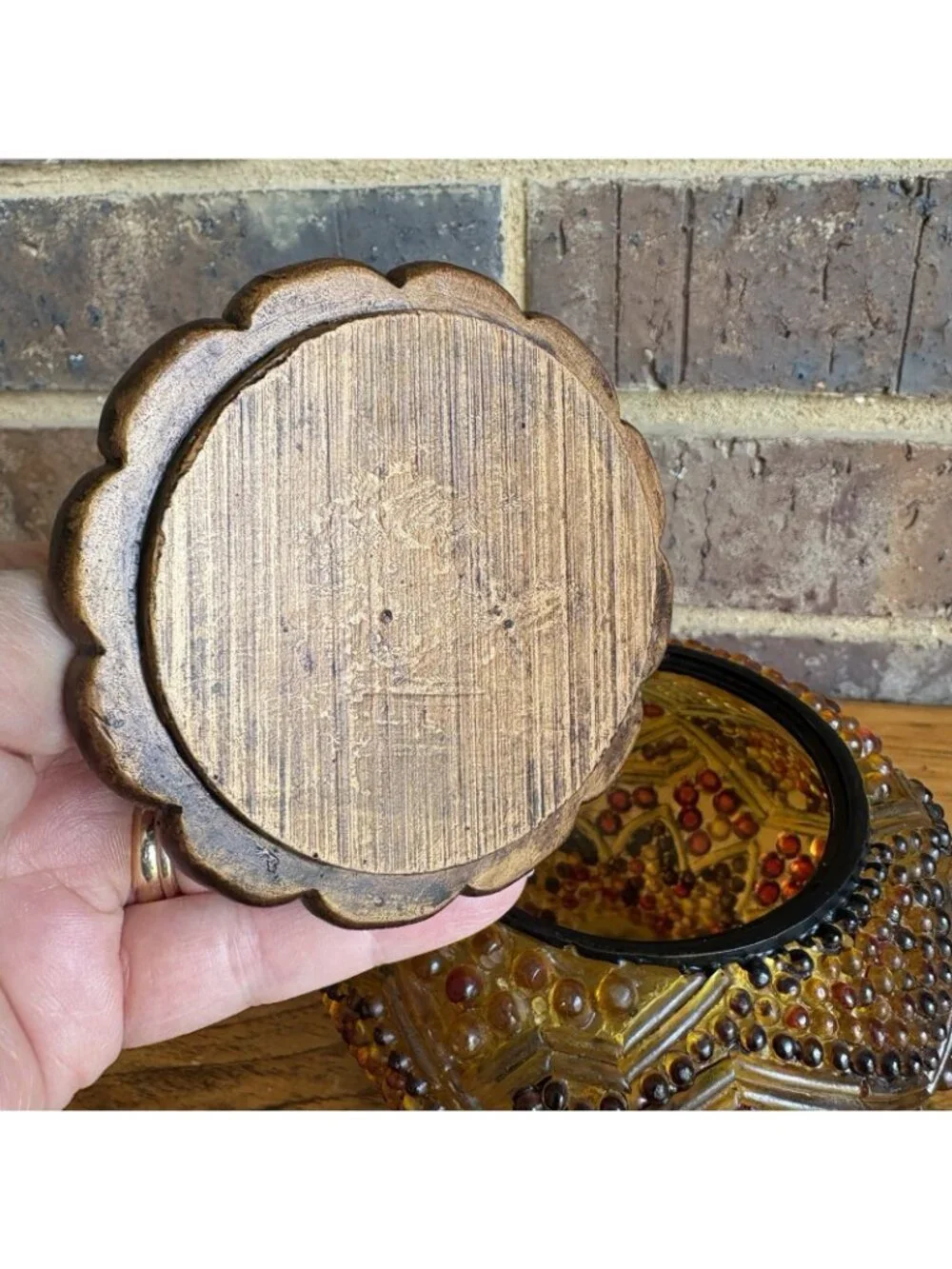 Vintage Amber Bronze Color Hobnail Lucite Round Powder Jar Trinket Box Resin Lid